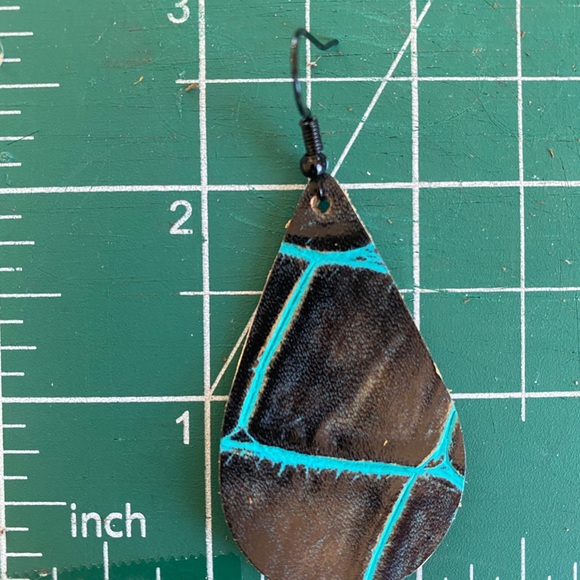 leather earrings black croc and turquoise boho - Picture 3 of 3